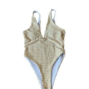 Charming Gingham Women’s One Piece Swimsuit- Yellow and White